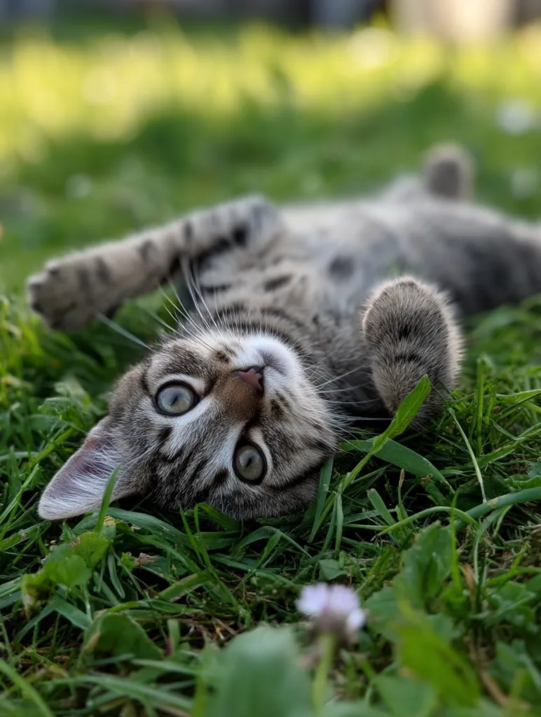 A playful tabby kitten lies on its back in lush green grass, its large, expressive eyes gazing upwards.  Its paws are outstretched, and its body is relaxed, suggesting contentment.  The soft sunlight illuminates the scene, creating a peaceful and charming image of feline joy.  Small white flowers peek through the grass near the kitten.