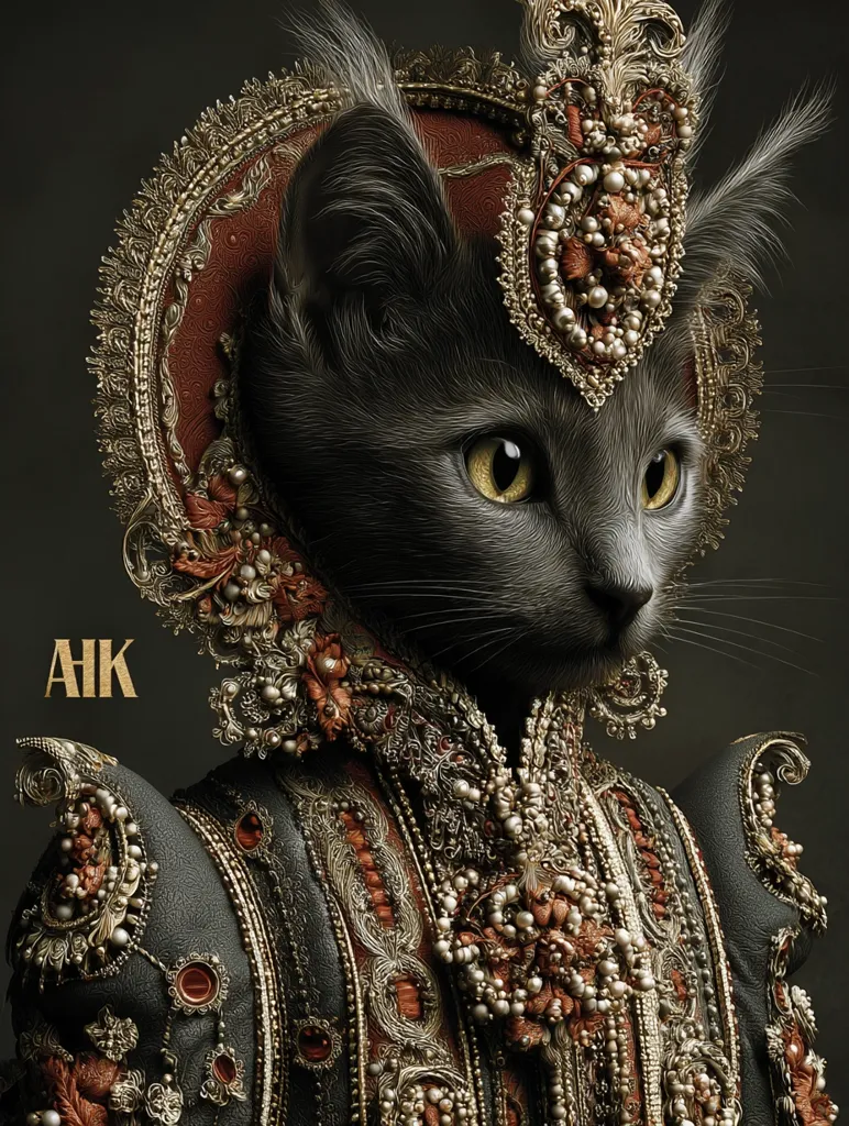 A regal-looking dark gray cat is depicted wearing an ornate, gold-and-red jeweled headdress and a lavish, dark-colored jacket embroidered with gold and pearls. The cat's expression is serious and majestic, emphasizing its royal attire.  The background is dark, drawing focus to the cat and its opulent clothing. The image has a painterly, highly detailed quality.