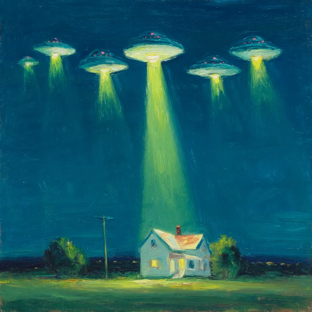 A nighttime oil painting depicts five UFOs hovering above a small house.  Bright beams of light shine down from the crafts, illuminating the house and surrounding landscape. The scene is rendered in a painterly style with visible brushstrokes, creating a dreamlike, almost nostalgic atmosphere. The color palette is dominated by teal and green hues.