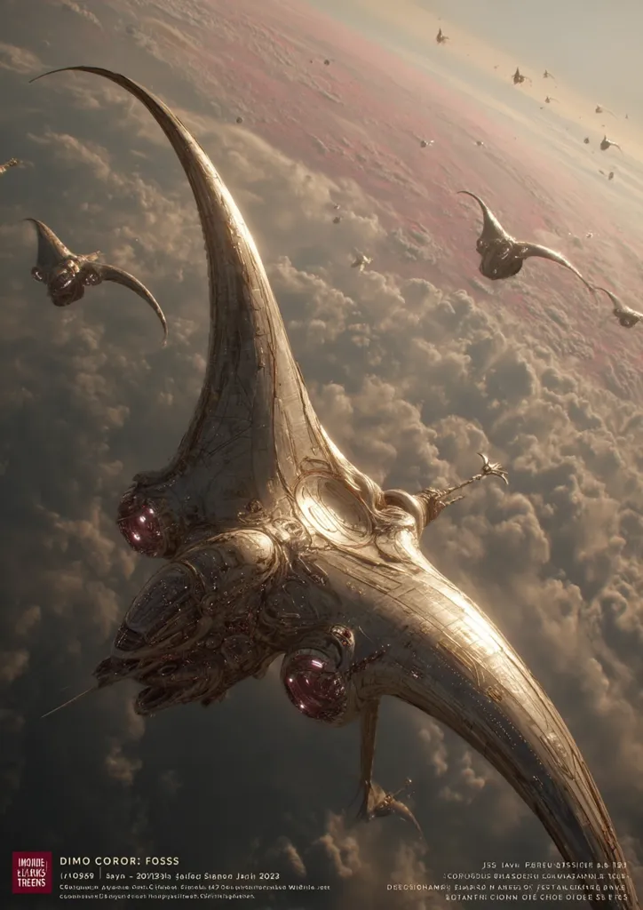 A massive, ornate, golden spacecraft, the "Dimo Coror: Foss," dominates the image, soaring through a cloudy, atmospheric expanse.  Smaller, similar vessels are scattered across the sky, suggesting a fleet in formation. The ship's intricate design is reminiscent of bio-organic architecture, blending metallic surfaces with flowing, almost living forms. The overall aesthetic is one of both technological advancement and organic elegance.