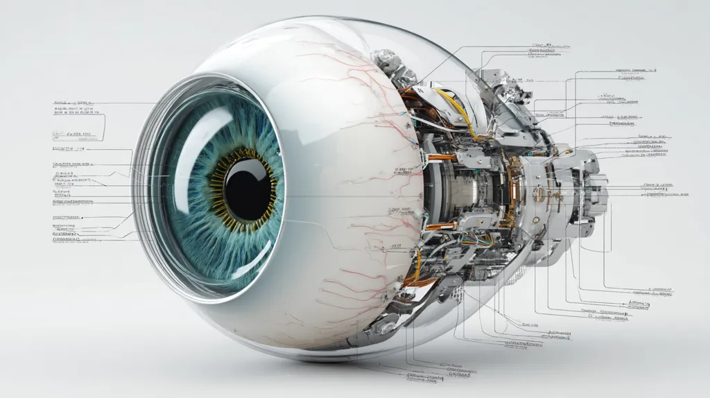 A 3D rendering depicts a futuristic, robotic eye.  The outer layer resembles a human eye with a teal iris, while the interior is revealed as a complex mechanism of gears, wires, and metallic components.  Numerous labels and technical notations are scattered around the image, suggesting a detailed blueprint or schematic of the artificial eye's internal workings. The overall aesthetic blends organic and mechanical elements, creating a visually striking image.