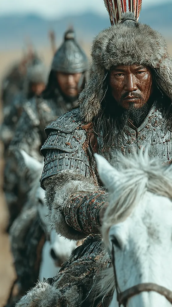 A weathered warrior, adorned in fur and intricately detailed metal armor, sits astride a white horse.  He's the focal point of a line of similarly armored horsemen, suggesting a scene of military might or a historical battle. The harsh landscape and the warrior's stern expression add to the image's dramatic intensity.  His headdress features vibrant feathers.