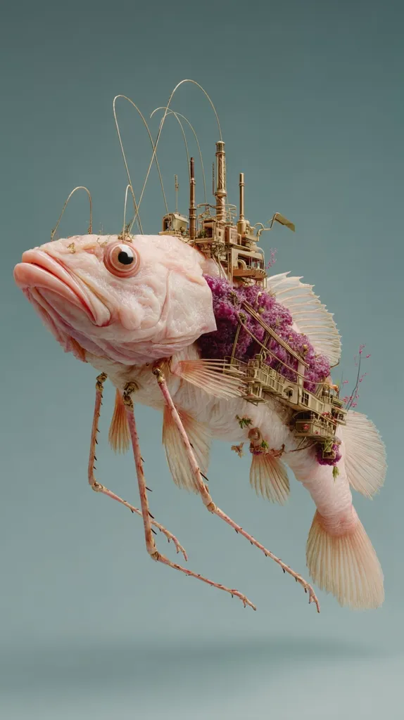 A surreal digital artwork depicts a pale pink fish with spindly, insect-like legs.  A miniature, ornate brass factory and purple flowers sprout from its body, creating a whimsical blend of organic and industrial elements.  The fish floats against a muted teal background, its delicate fins contrasting with the intricate machinery embedded within. The overall aesthetic is both fantastical and slightly unsettling.