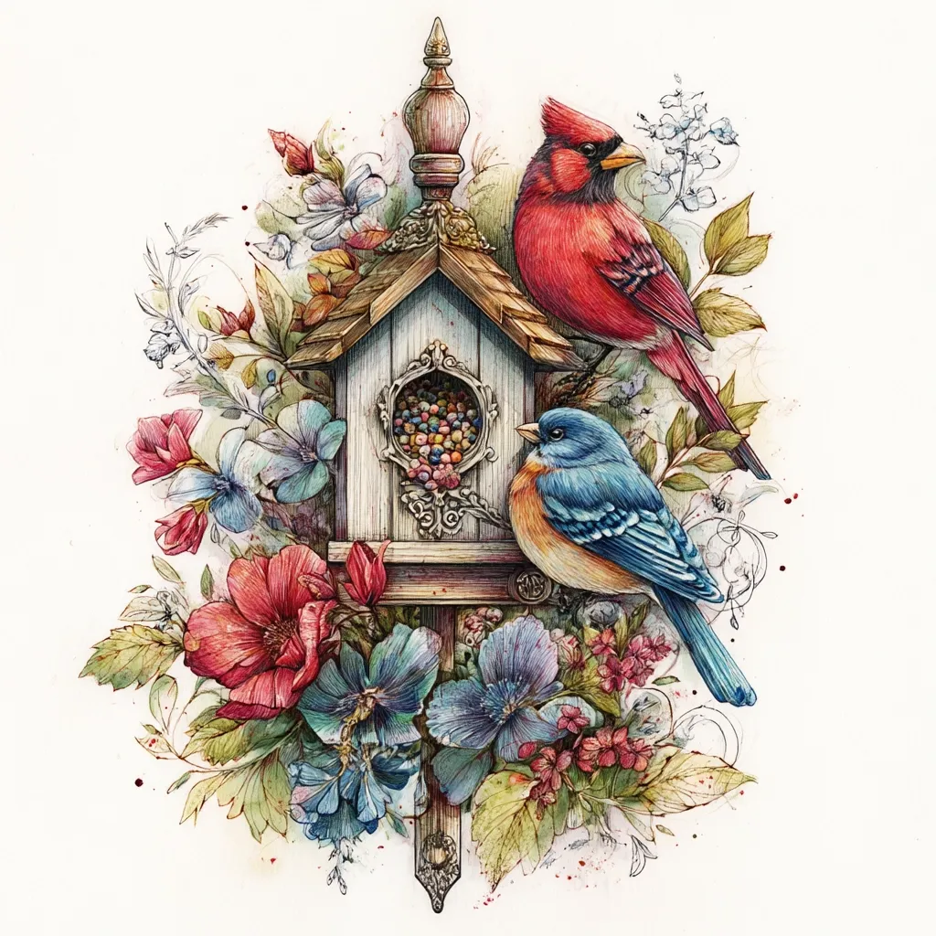 A detailed colored pencil drawing depicts a birdhouse overflowing with colorful birdseed.  A vibrant red cardinal and a bright blue bird perch on either side of the ornate birdhouse, which is nestled amongst a profusion of realistically rendered flowers and leaves. The artwork's style is meticulous and evocative of a nature scene.
