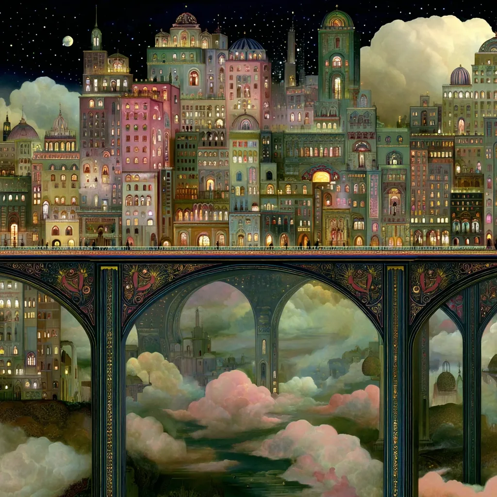 A fantastical cityscape, glowing warmly at night, sits atop a majestic, ornate bridge.  The bridge arches over a dreamy cloudscape, revealing glimpses of another city below.  The buildings are detailed and diverse, evoking a blend of architectural styles. The scene is rich with color and texture, creating a magical and surreal atmosphere under a starry sky.