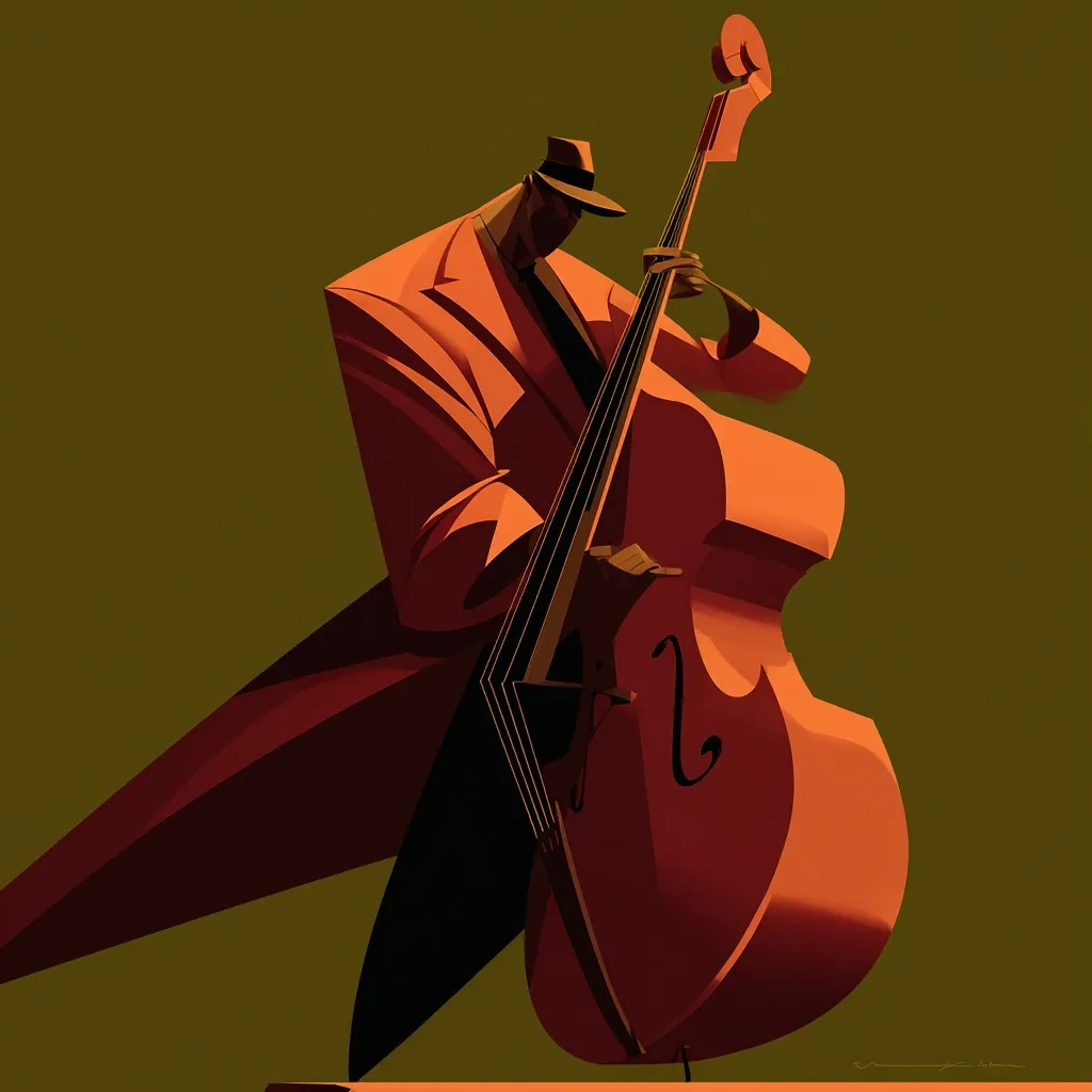 A stylized illustration depicts a jazz musician, clad in a reddish-brown suit and fedora, playing a double bass. The artwork is characterized by bold, simplified forms and a limited color palette, emphasizing the musician's posture and the instrument's curves. The background is a muted olive green, drawing attention to the central figures. The overall style evokes a retro, possibly mid-20th-century aesthetic.