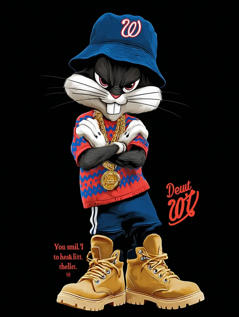 A stylized illustration of Bugs Bunny dressed in hip-hop attire. He wears a Washington Nationals bucket hat, gold chain, red sweater, and Timberland boots.  His arms are crossed, and a serious expression is on his face.  The text "Deut wot" and "You smil. T to hesk litt. theller." are also featured in the image. The background is black.
