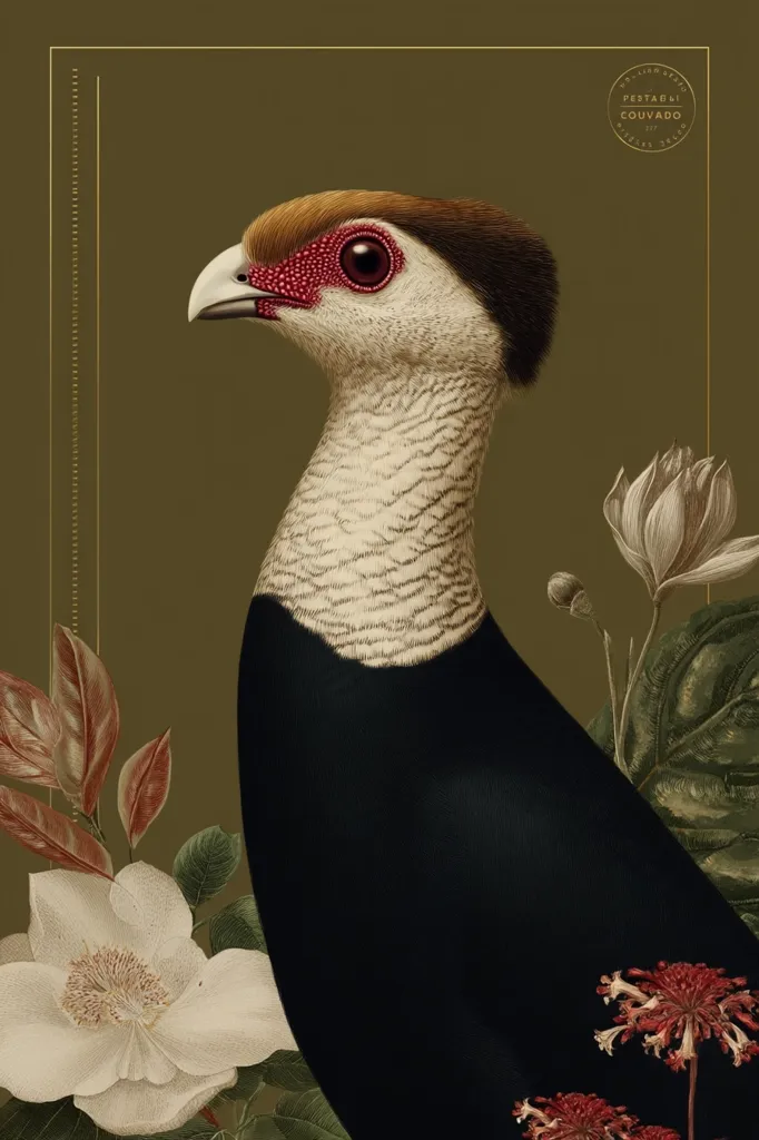 A detailed, artistic rendering of a crested bird, possibly a pheasant, is presented against a muted olive-green backdrop.  The bird's plumage is meticulously depicted, showcasing a blend of creamy white, dark brown, and deep black feathers.  Surrounding the bird are stylized botanical elements, including large white blossoms and dark foliage, enhancing the image's elegant and vintage aesthetic.  A subtle gold frame borders the artwork.
