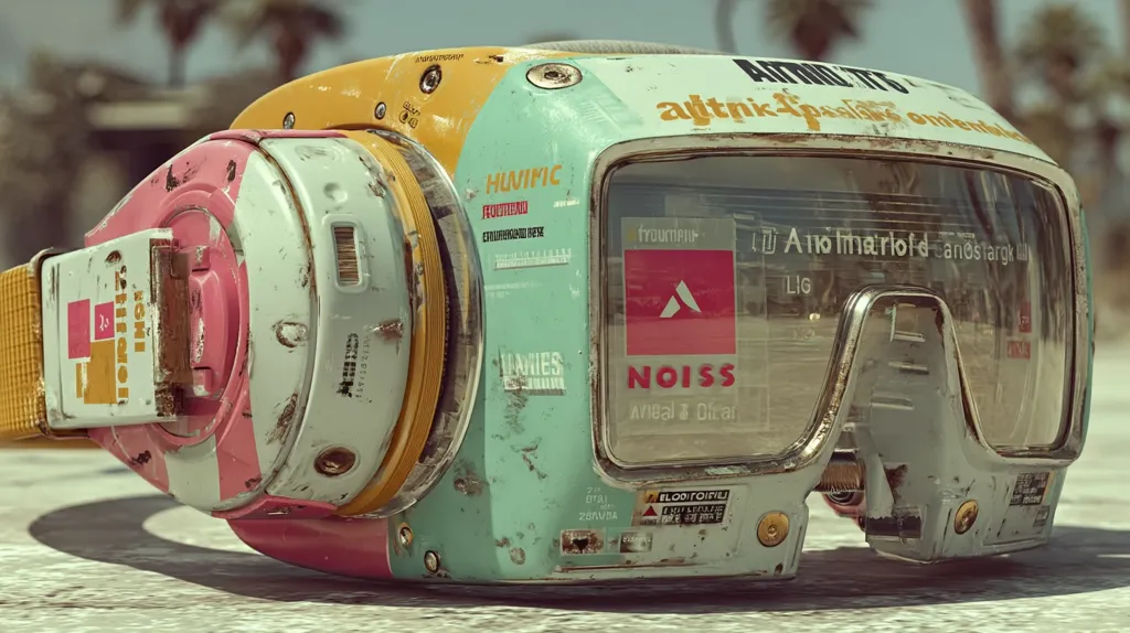 A weathered, retro-futuristic headset rests on a sun-drenched surface.  Its pastel pink, yellow, and teal paint is chipped and worn, showcasing a distressed aesthetic.  The headset features a visor displaying text and a logo, suggesting a digital interface.  The overall design blends vintage elements with futuristic technology, creating a unique and stylized appearance.