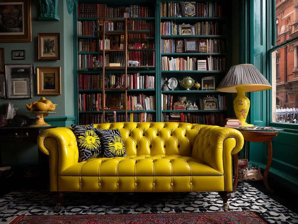 A vibrant yellow leather chesterfield sofa sits in a richly decorated library.  The room features dark teal walls, a large bookcase overflowing with books, and antique framed artwork. A gray and yellow lamp stands on a side table, complementing the sofa's bright hue.  The floor is adorned with a patterned rug.  The overall atmosphere is one of sophisticated eclecticism.