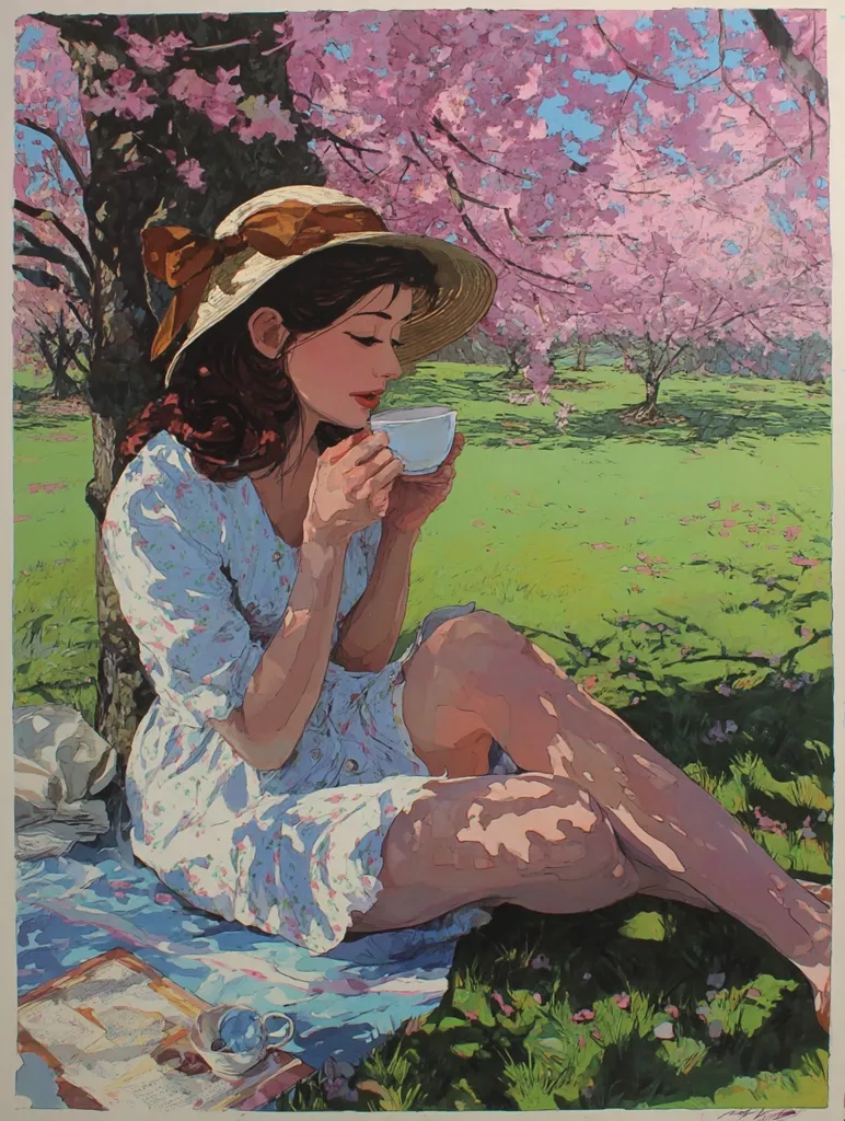A young woman in a light blue floral dress and wide-brimmed hat sits under a blossoming cherry tree, enjoying a cup of tea.  Sunlight dappling through the branches casts shadows on her legs and the grassy ground.  She appears relaxed and peaceful in this idyllic spring scene, a book and small objects resting beside her on a blanket.  The painting's style is vibrant and impressionistic.