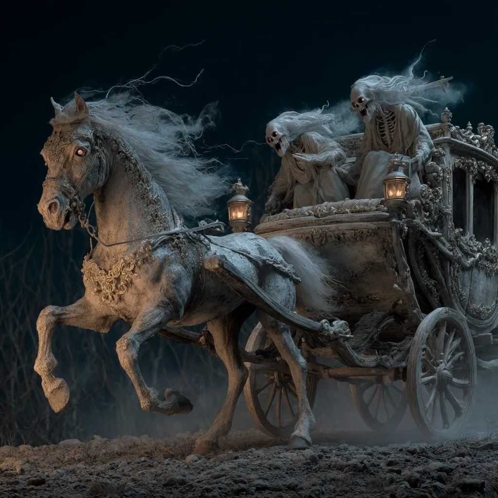 A spectral white horse pulls an ornate, antique carriage through a misty, dark landscape.  Two skeletal figures, shrouded in ethereal fabrics, occupy the carriage, their bony forms illuminated by lanterns. The scene evokes a gothic, ghostly atmosphere, hinting at a journey into the unknown or the afterlife.  The overall aesthetic is dark fantasy, blending elements of horror and romance.