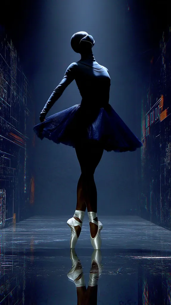 A ballerina, silhouetted against a dark, futuristic background, stands poised in a graceful pose.  She wears a dark blue tutu and pointe shoes, her face obscured. The reflective floor mirrors her image, enhancing the ethereal atmosphere.  The setting appears to be a digital or virtual space, with glowing, abstract patterns on the walls.