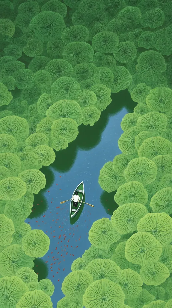 An aerial view showcases a serene waterway flanked by vibrant green lily pads. A lone person rows a small boat down the center, surrounded by numerous small, red fish. The scene is peaceful and tranquil, emphasizing the natural beauty of the water and its lush surroundings.  The contrast between the deep green of the leaves and the calm blue water creates a striking visual.