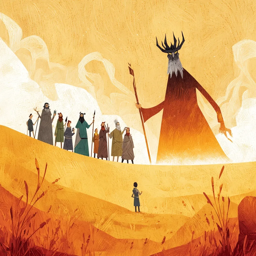 A stylized illustration depicts a colossal, antlered figure looming over a group of smaller figures. The large figure, clad in a flowing robe, holds a staff. The smaller figures, seemingly a procession, carry various implements.  A lone, small figure stands in the foreground, observing the scene. The overall color palette is warm, with ochre and orange hues dominating the desert-like landscape. The style is reminiscent of graphic novels or fantasy art.