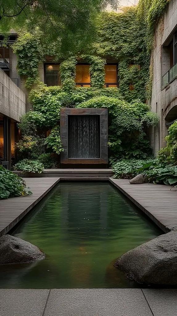 A serene courtyard garden features a rectangular pool reflecting a dark green hue.  A dark metal frame encloses a cascading water feature, providing a tranquil centerpiece. Lush green ivy climbs the surrounding concrete walls, enhancing the peaceful atmosphere.  Large, dark stones flank the pool, adding a natural touch to this minimalist oasis. The design emphasizes a calming, natural aesthetic.