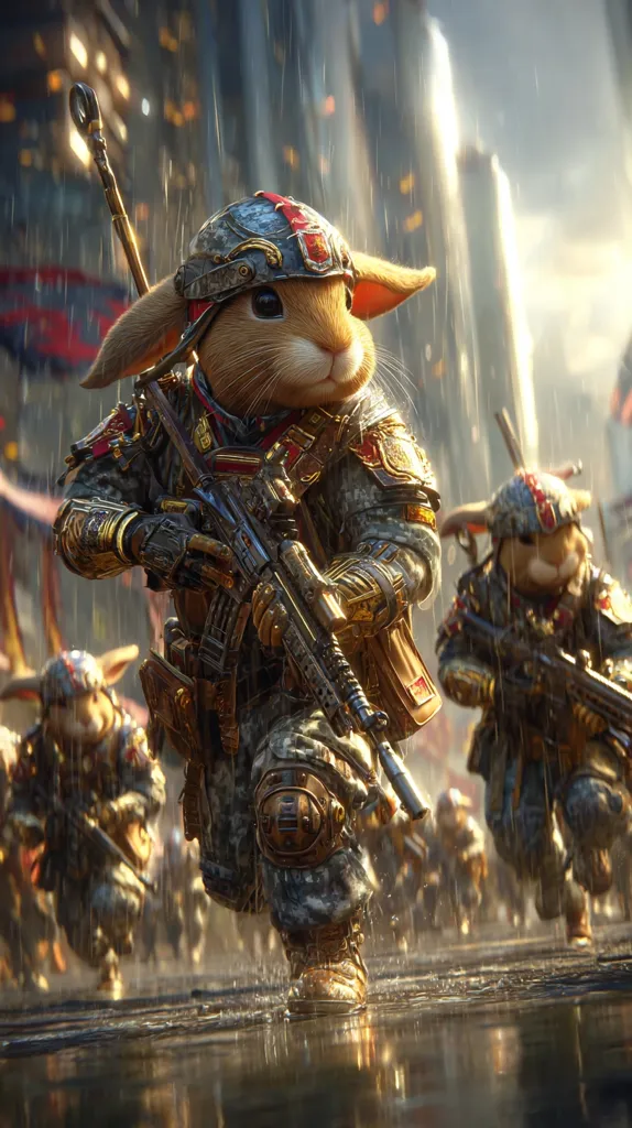 A captivating digital painting showcases a rabbit soldier, clad in futuristic military gear, leading a platoon of similarly anthropomorphic bunny soldiers through a rain-swept, futuristic cityscape.  The lead rabbit, armed with an assault rifle, displays determined focus amidst the urban backdrop.  The scene blends fantasy elements with a gritty, realistic military aesthetic.