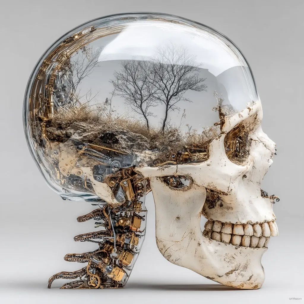 A detailed digital rendering depicts a human skull, seemingly crafted from bone and intricately detailed clockwork mechanisms.  A glass dome encases the cranium, revealing a miniature landscape within – a barren scene with leafless trees under a hazy sky. The contrast between the organic skull, mechanical inner workings, and tranquil internal landscape creates a surreal and thought-provoking image.