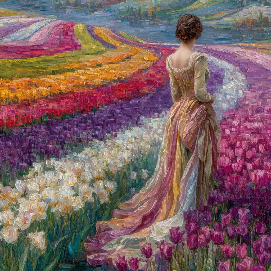 An oil painting depicts a woman in a long, flowing gown walking through a field of vibrantly colored tulips.  The tulips are arranged in sweeping rows of varying hues, creating a rainbow effect across the landscape. The woman's back is to the viewer, her posture suggesting contemplation as she moves amidst the blossoms. The style is impressionistic, with visible brushstrokes adding texture and depth to the scene.