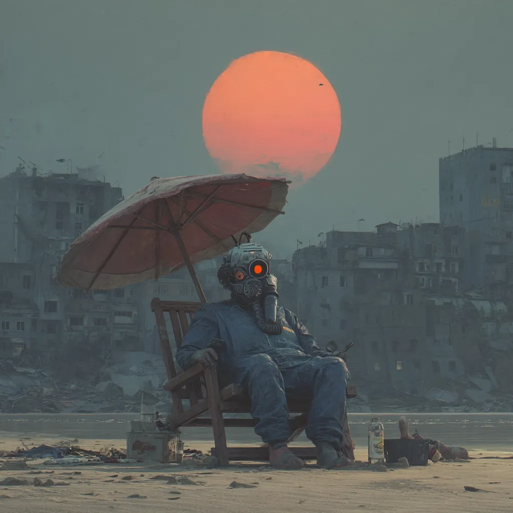 A lone figure in a futuristic gas mask sits relaxed in a wooden beach chair under a parasol.  The setting sun casts an orange glow over a desolate, ruined cityscape.  Debris litters the beach, suggesting a post-apocalyptic or dystopian environment. The scene blends elements of sci-fi and melancholic realism, evoking a sense of solitude and quiet reflection amidst destruction.