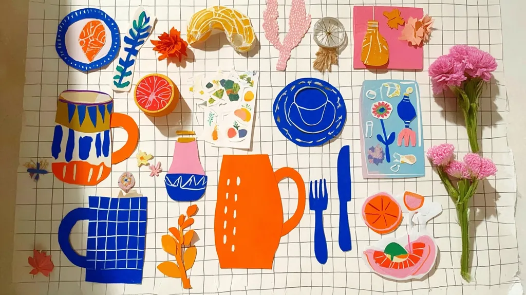 A vibrant collage features hand-cut paper shapes arranged on a gridded background.  Bold colors—orange, blue, and pink—dominate the design, depicting mugs, plates, cutlery, fruit (grapefruit), flowers, and abstract elements.  The style is playful and reminiscent of children's illustrations, with a focus on simple shapes and bright hues.  The overall effect is cheerful and visually stimulating.