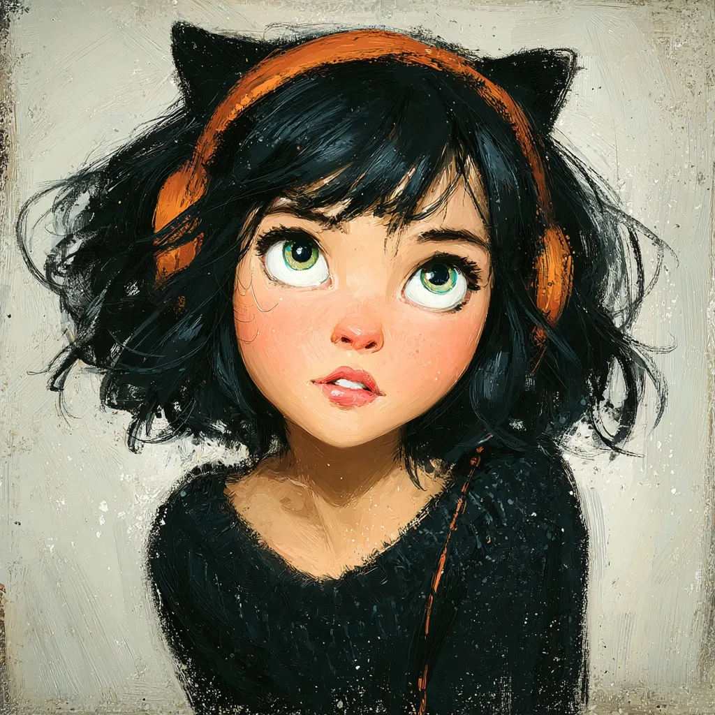 A stylized portrait of a young girl with short, dark hair wearing orange cat-ear headphones.  Her large, expressive green eyes gaze upwards, and her expression is one of gentle contemplation.  The painting style is loose and painterly, with visible brushstrokes, giving the piece a soft, whimsical quality. The girl is dressed in a dark-colored sweater.