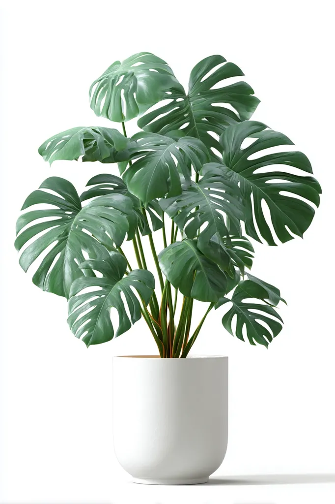 A lush, vibrant Monstera deliciosa plant thrives in a sleek, modern white planter.  Its large, deeply lobed leaves are a rich shade of green, showcasing the plant's healthy growth. The simple, cylindrical pot complements the plant's bold foliage, creating a striking and visually appealing indoor display.  The image is set against a clean white background, highlighting the plant's beauty.