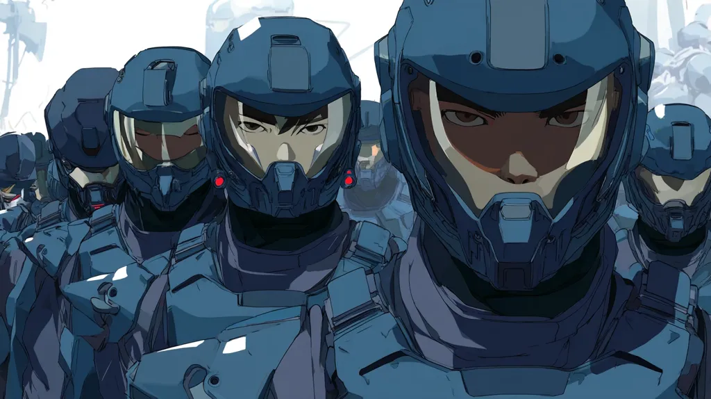 A close-up depicts a squad of soldiers in futuristic, blue armored suits and helmets. Their faces, partially visible through the helmets' visors, are serious and determined. The style suggests anime or manga artwork. The soldiers stand shoulder to shoulder, creating a sense of unity and readiness.  The background is blurry, focusing attention on the soldiers in the foreground. The overall impression is one of military precision and technological advancement.
