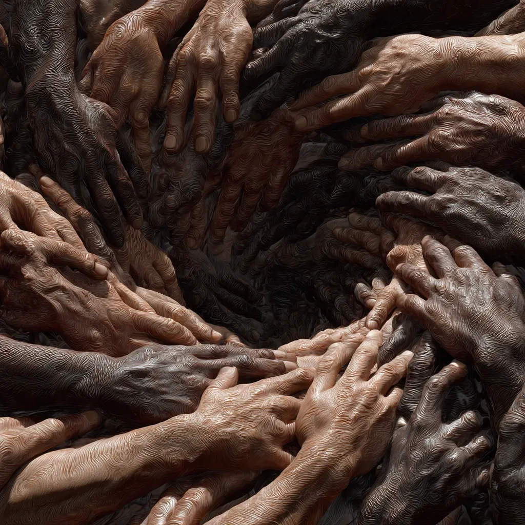 A captivating image showcasing a multitude of hands, varying in skin tones, intricately interwoven to form a central circle. The hands, rendered with detailed texturing, create a powerful visual representation of unity and interconnectedness.  The composition's depth and the subtle variations in shading enhance the overall impact, emphasizing the collective nature of the image.