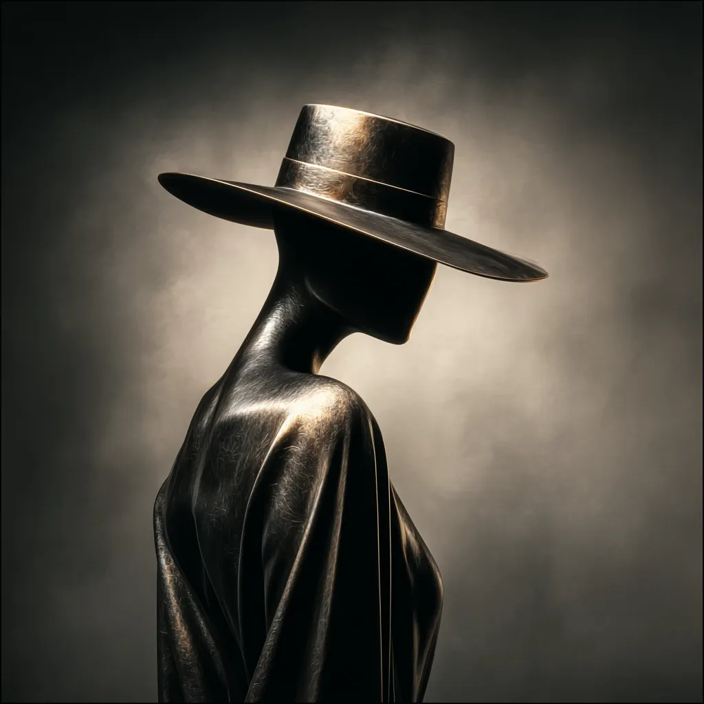 A bronze-colored mannequin, subtly textured to mimic fabric, is elegantly posed.  It wears a wide-brimmed hat that casts a shadow over its face, creating an air of mystery. The dark background and dramatic lighting enhance the sculpture's enigmatic mood, emphasizing its form and texture.  The overall impression is one of sophisticated style and quiet contemplation.