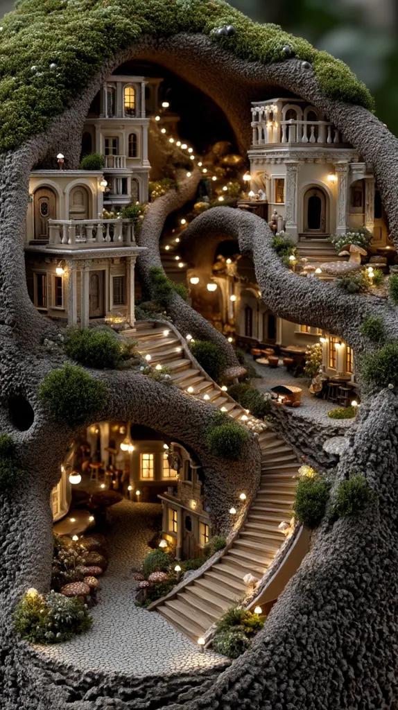 A miniature village nestled within the hollow of a giant tree trunk.  Intricate, miniature buildings with warm lighting line winding staircases, creating a whimsical, enchanted scene.  The tree's mossy exterior adds to the fairytale atmosphere, with small plants and lights enhancing the detail.  The cobblestone paths and architectural style evoke a charming, old-world feel.
