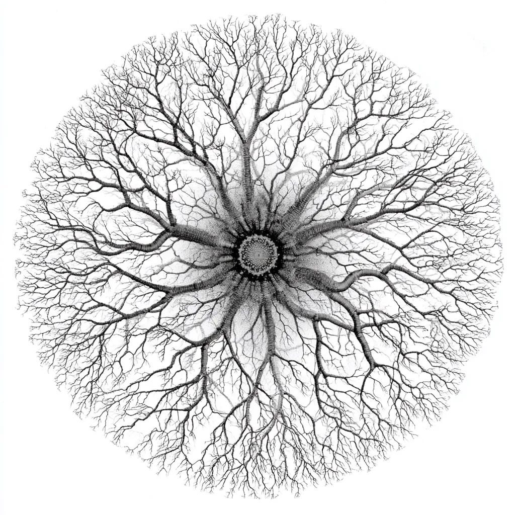 A monochrome illustration depicts a tree's intricate branch structure, radiating outwards from a central point in a circular pattern.  The branches are densely detailed, creating a complex network resembling a mandala or a stylized sunburst. The style is reminiscent of a botanical drawing or a scientific illustration, emphasizing the tree's skeletal form against a white background.