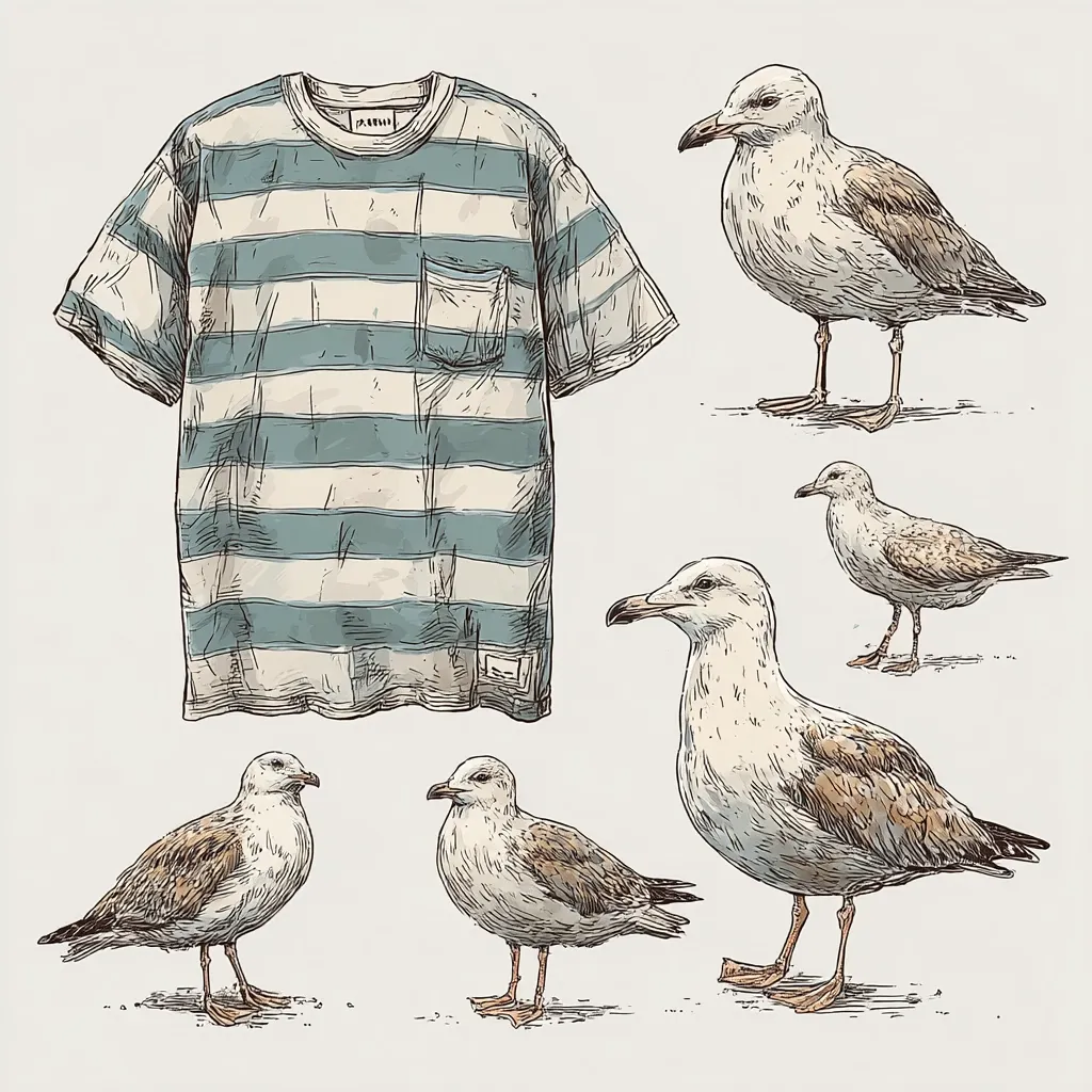 A hand-drawn illustration showcases a blue and white striped t-shirt with a pocket, positioned centrally.  Surrounding the shirt are detailed sketches of four seagulls in various poses.  The style is reminiscent of vintage botanical illustrations, with meticulous linework and shading. The overall aesthetic is calm and nautical.