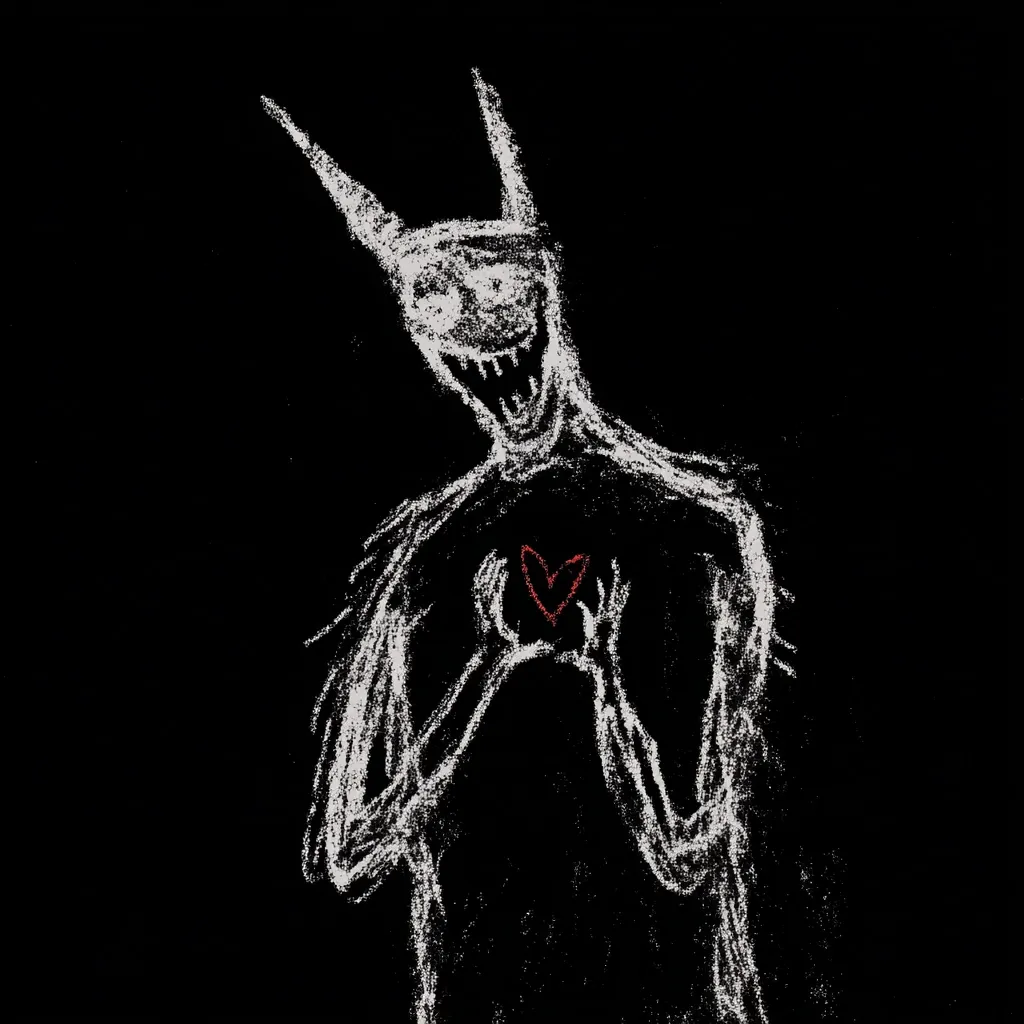 A demonic figure, rendered in stark white chalk on a black background, is depicted holding a small red heart to its chest.  The creature's features are exaggerated and unsettling, with pointed ears and a wide, grinning mouth. The overall effect is one of unsettling juxtaposition, contrasting the monstrous form with the tender gesture of protecting a heart. The image evokes feelings of darkness and hidden vulnerability.