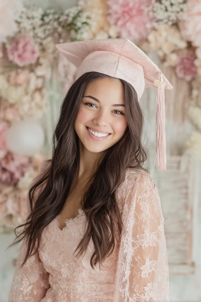 A young woman with long brown hair smiles radiantly. She's wearing a light pink lace dress and a matching graduation cap, set against a backdrop of soft pink flowers.  Her joyful expression conveys a sense of accomplishment and happiness, perfectly capturing the spirit of graduation. The delicate details of her attire and the floral background enhance the celebratory mood.