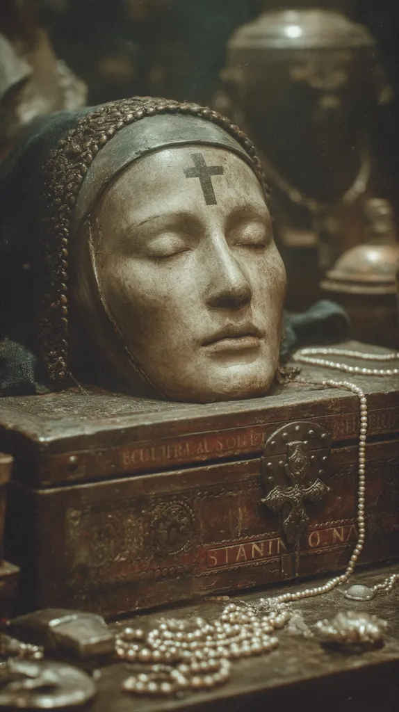 A serene, death mask of a nun rests atop an ornate wooden chest.  The mask, bearing a cross on its forehead, is crafted with meticulous detail, capturing a peaceful expression.  A pearl necklace drapes across the chest, adding to the antique and somber atmosphere.  The scene is dimly lit, creating a mysterious and contemplative mood.