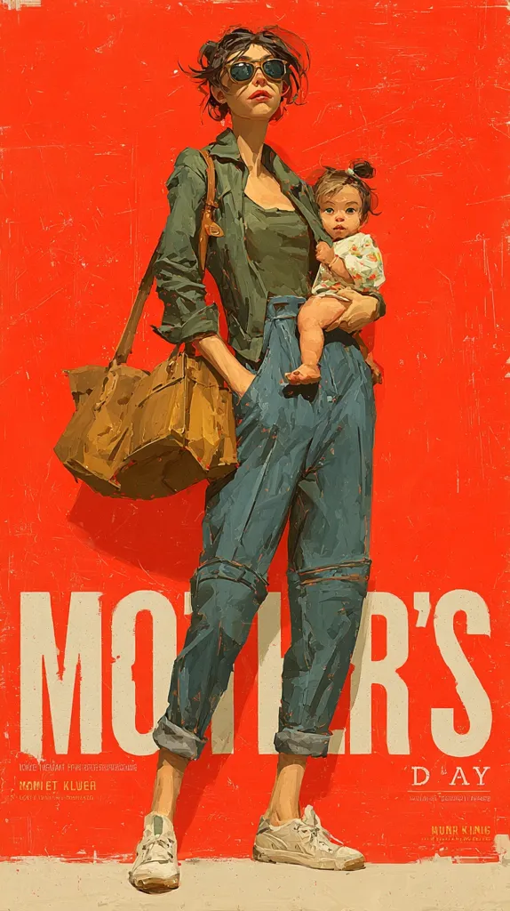 A stylized illustration for Mother's Day depicts a woman in sunglasses and blue jeans carrying a baby and a large bag against a vibrant red background. The woman’s expression is serious, and the overall style is reminiscent of vintage posters or movie art. The text "Mother's Day" is prominently displayed, with artist credits visible at the bottom.  The color palette is bold and limited, creating a striking visual impact.