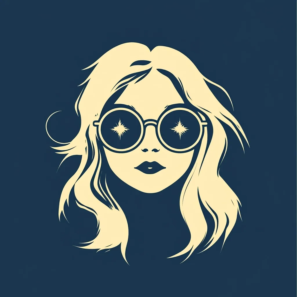 A stylized illustration of a woman's face, depicted in a minimalist style with a monochromatic color palette. She has long, wavy blonde hair and is wearing large, round sunglasses with starburst reflections in the lenses. The image conveys a sense of mystery and retro-chic aesthetic. The dark background contrasts with the lighter color of the woman's hair and face, drawing focus to her features.