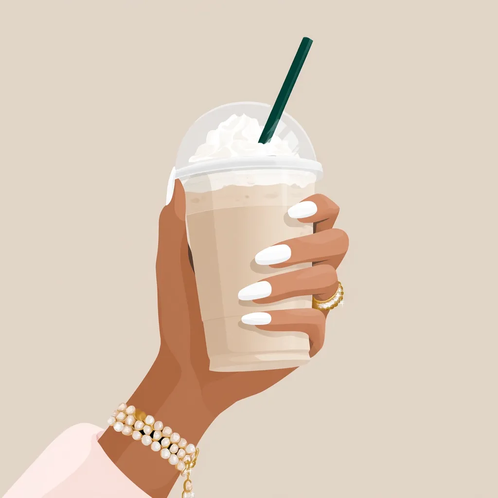 A hand with long, white nails and a pearl bracelet holds a large iced coffee. The coffee is in a clear plastic cup with a dome lid and a green straw.  Whipped cream tops the light brown beverage. The hand and arm are tan, and the background is a muted beige. The overall style is minimalist and chic.