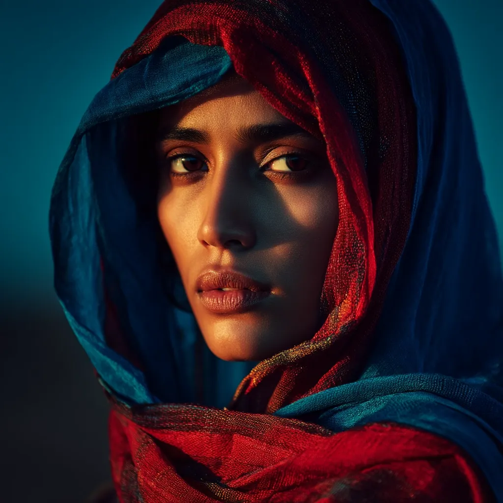 A close-up portrait of a woman, her face partially obscured by a vibrant red and teal headscarf.  The warm light highlights her features, casting a dramatic shadow across her face.  Her gaze is direct and intense, conveying a sense of mystery and strength. The rich colors of the scarf and the moody background create a visually striking image.