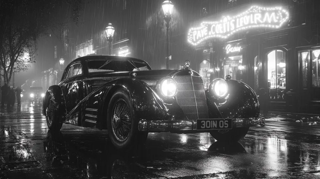 A classic black Mercedes-Benz 540K cabriolet is parked on a rain-slicked street at night.  The car's headlights illuminate the wet pavement reflecting the city lights.  A Parisian-style street scene with illuminated shopfronts and streetlamps provides a backdrop to the stunning vintage automobile. The overall mood is noir and atmospheric.