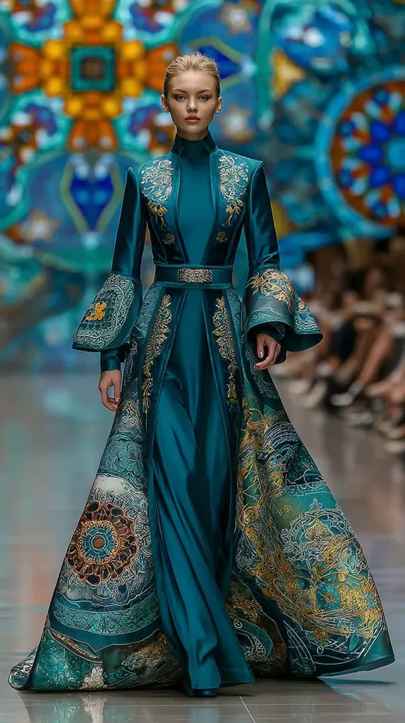 A model elegantly showcases a teal high-necked gown, adorned with intricate gold embroidery and a flowing, patterned train.  The long sleeves feature wide bell cuffs, echoing the ornate design. The dress's rich fabric and detailed embellishments create a regal and sophisticated look, perfect for a formal occasion. The background features a blurred, vibrant mosaic pattern.