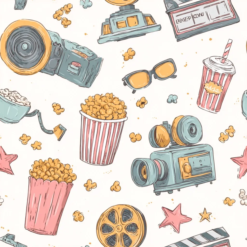 A whimsical seamless pattern celebrating the magic of cinema.  Popcorn buckets, vintage movie cameras, film reels, 3D glasses, soda cups, and star shapes are scattered across a white background.  The hand-drawn style adds a playful touch, perfect for movie-themed merchandise or stationery.  The vibrant colors and fun imagery create a cheerful and nostalgic feel.