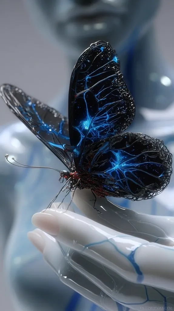 A digital rendering depicts a bioluminescent butterfly with dark, metallic wings etched with intricate, glowing blue veins.  The butterfly delicately rests on a smooth, pale hand, also appearing to be made of a translucent, almost liquid material with faint blue lines tracing its surface. The overall aesthetic is futuristic and ethereal.