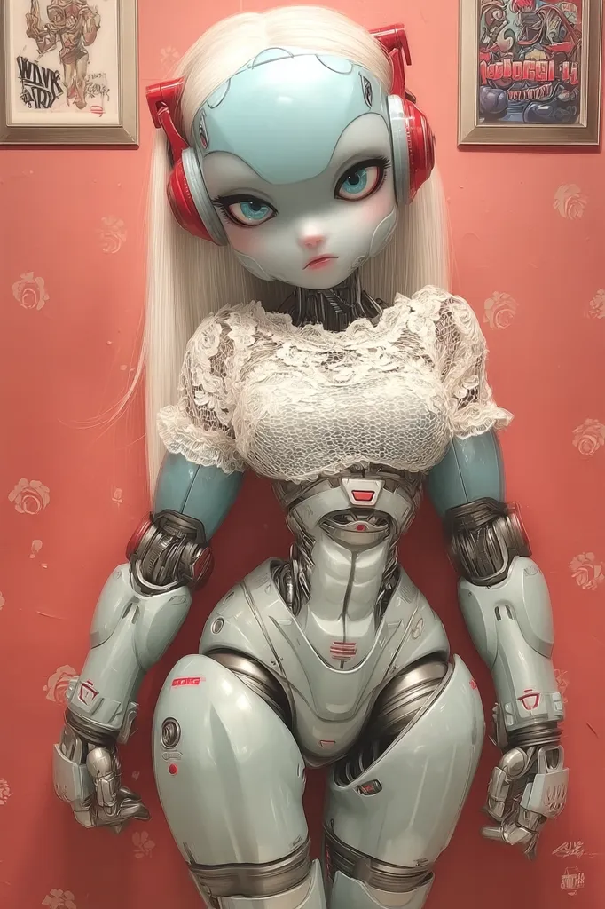 A female robot doll with long white hair and red headphones is depicted against a pink wall adorned with framed artwork.  The robot has a pale blue metallic body, a lace top, and detailed robotic joints. Her expression is serious, almost stern. The overall aesthetic blends a cute, doll-like appearance with a futuristic, mechanical design.