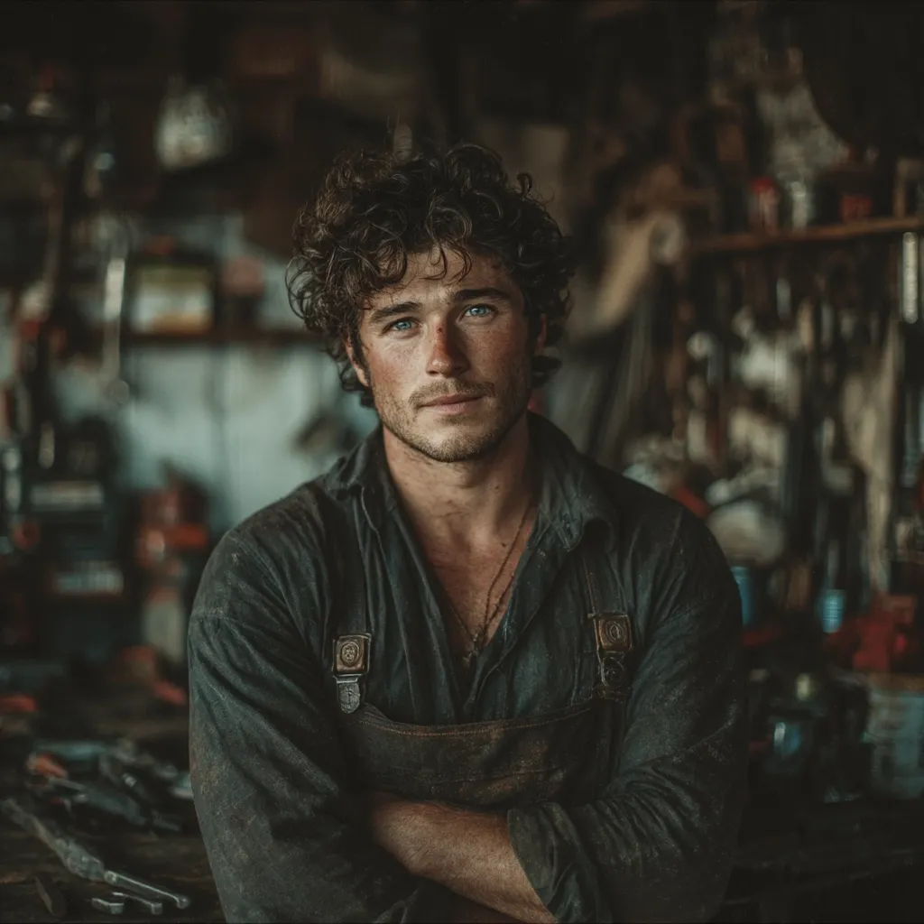 A young man with curly brown hair and blue eyes stands in a cluttered workshop.  He's wearing a dark, slightly dirty work shirt and brown leather overalls, his arms crossed.  The background is blurred, showing various tools and equipment, creating a moody, atmospheric portrait.  His expression is serious and direct, conveying a sense of strength and hard work.