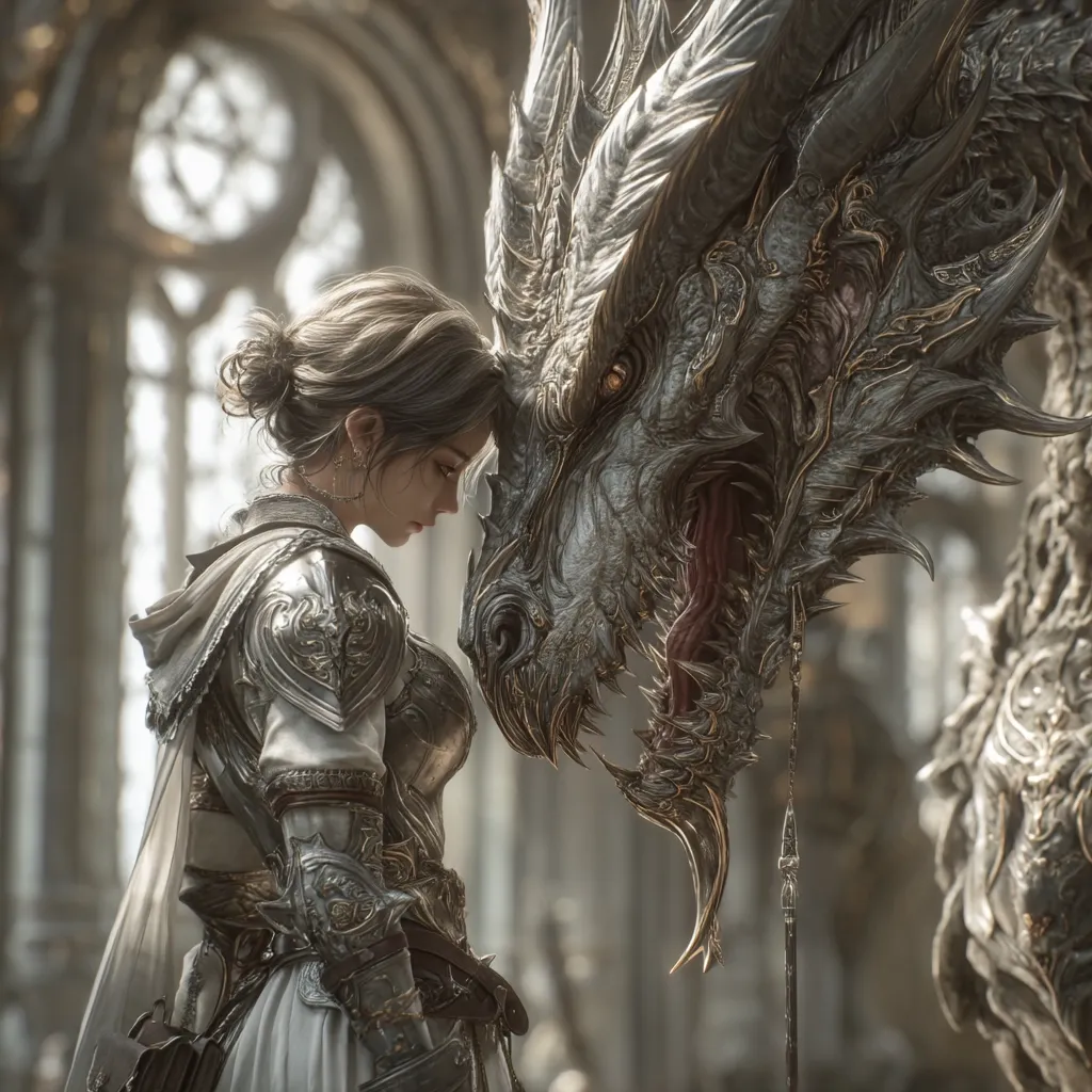 A young woman, clad in ornate silver armor, stands before a majestic dragon.  Their heads are gently touching, conveying a sense of deep connection and trust. The scene is set within a grand, gothic cathedral, bathed in soft, ethereal light.  The detail in both the armor and the dragon's scales is exquisite, suggesting a fantastical realm of magic and chivalry. The overall mood is one of serene power and unspoken understanding.