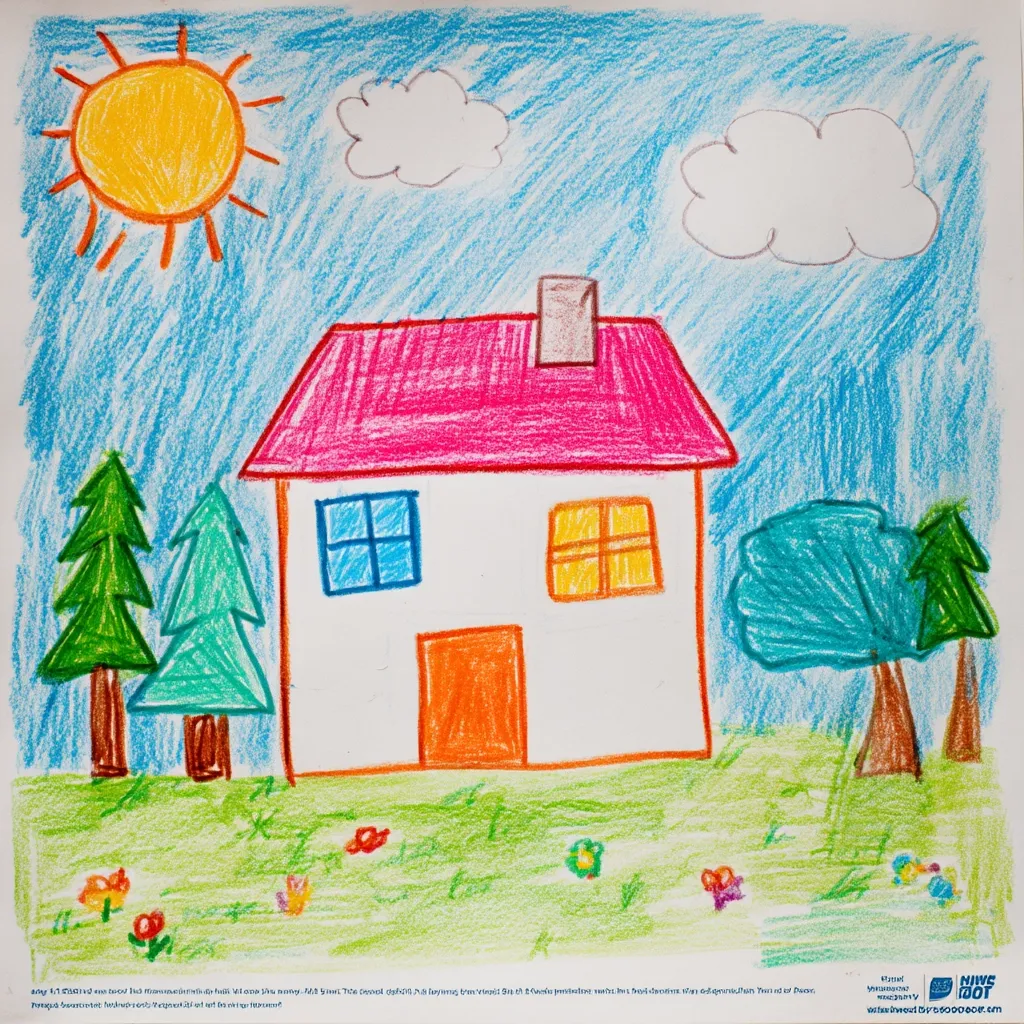 A child's crayon drawing depicts a cheerful scene. A bright pink-roofed house with orange door and colorful windows stands on a grassy yard with flowers.  Two evergreen trees flank the house, and a bright sun shines in a blue sky dotted with fluffy white clouds.  The simple, joyful style is characteristic of children's art.