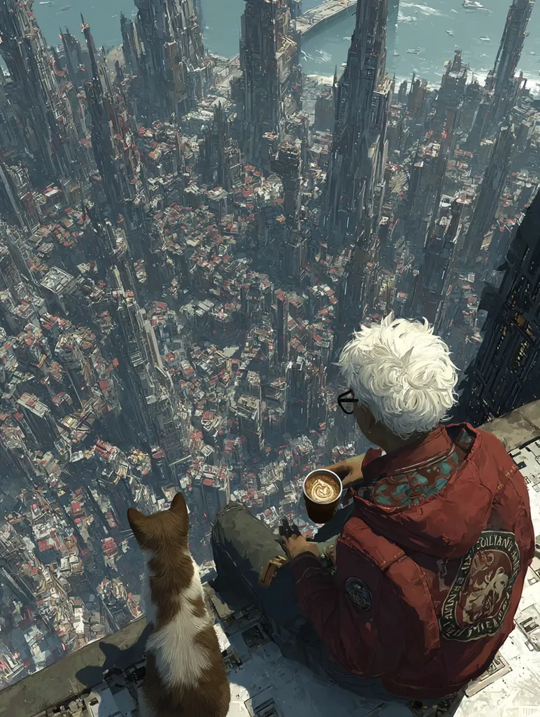 A person with white hair, wearing glasses and a red jacket, sits on a high rooftop with a cat. They hold a cup of coffee, gazing down at a sprawling, futuristic city below.  The city is a dense mix of towering skyscrapers and smaller buildings, extending to the horizon and a distant body of water. The scene is detailed and depicts a blend of futuristic architecture and a worn, lived-in urban landscape.