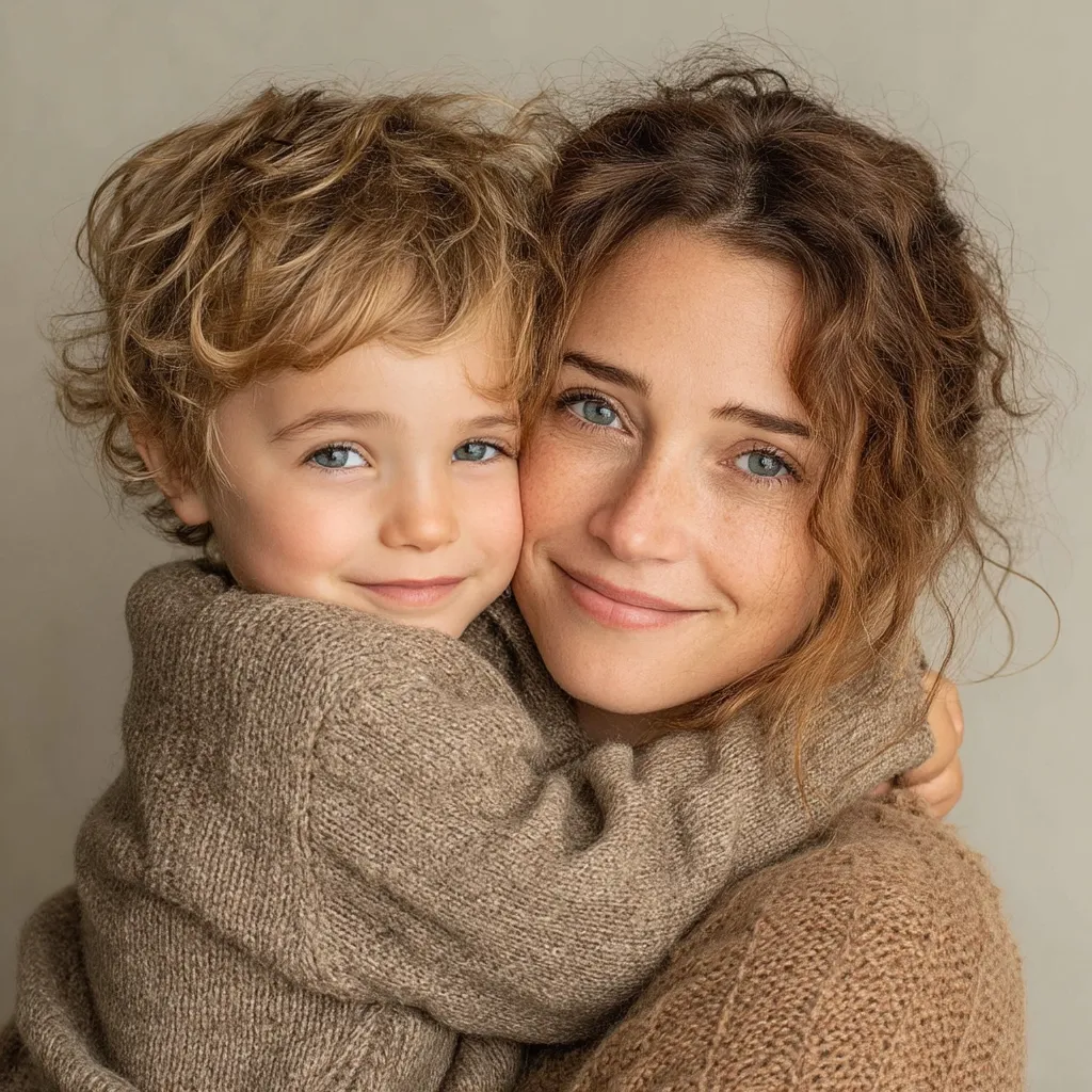 A close-up shot depicts a mother and her young son embracing.  Both are wearing matching taupe knit sweaters. The toddler, with curly blonde hair and bright blue eyes, snuggles into his mother's embrace.  The mother, with wavy brown hair and kind eyes, smiles gently, her expression reflecting warmth and love.  The image exudes a feeling of tenderness and familial connection.